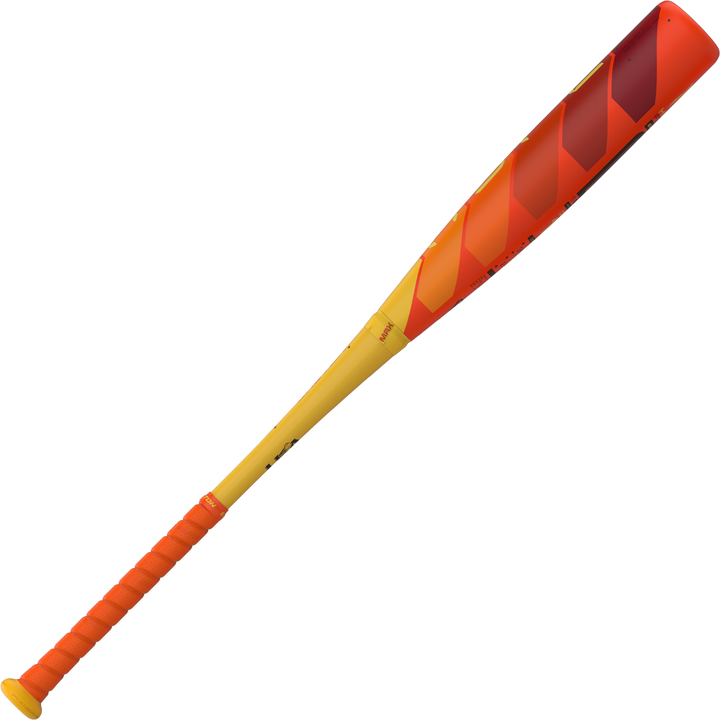 The 2025 Easton Hype Fire (-11) USA Baseball Bat (EUS5HYP11) features a bold yellow handle, orange grip, red/orange geometric barrel, and advanced Easton 3D Ropecoil composite technology.