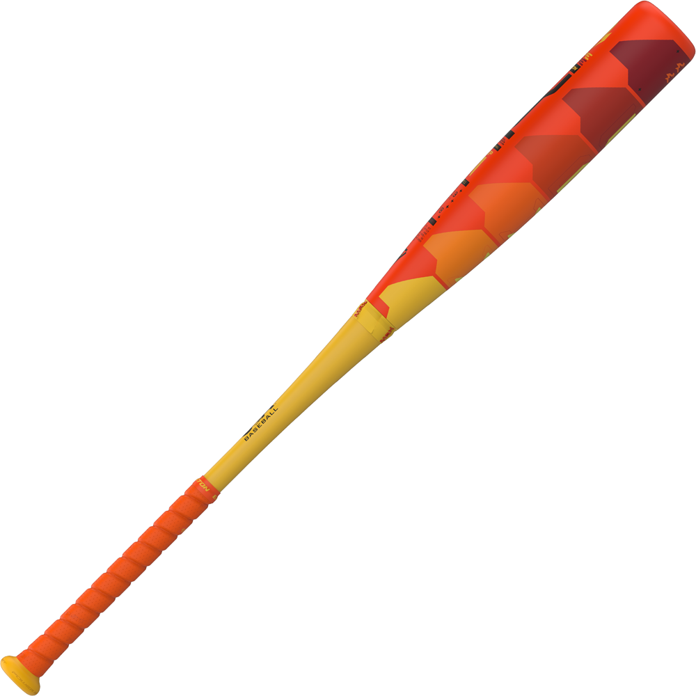 The 2025 Easton Hype Fire (-11) 2 5/8" USA Baseball Bat (EUS5HYP11) by Easton features a yellow handle and grip blending into a red-orange hexagonal barrel, made with advanced 3D Ropecoil composite, shown on a plain white background.