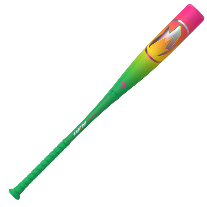 The 2026 Easton Hype Fire (-10) USA Baseball Bat (EUS6HYP10) features a green handle and barrel that fades to yellow and orange with a pink end cap, plus a bold M logo in a white circle. This vibrant bat is USA certified.