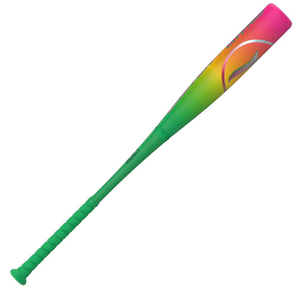 The 2026 Easton Hype Fire (-10) 2 5/8" USA Baseball Bat (EUS6HYP10) features a vibrant green handle fading to yellow, orange, and pink with a white curved logo, and advanced 3D Ropecoil Composite technology. USA certified.
