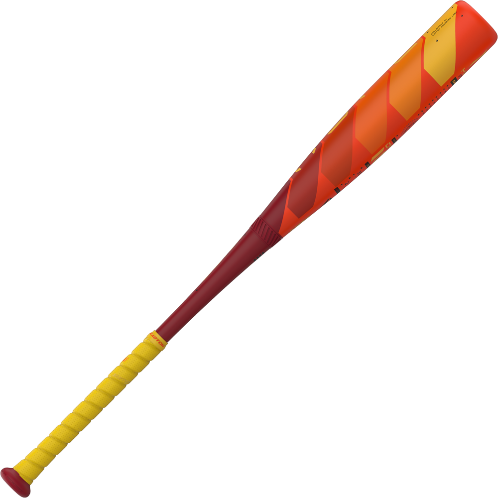 A 2025 Easton Hype Fire (-10) 2 3/4" USSSA Baseball Bat (EUT5HYP10 DEMO) by Easton, featuring a yellow grip, red handle, and an orange-red patterned barrel, displayed against a plain white background.