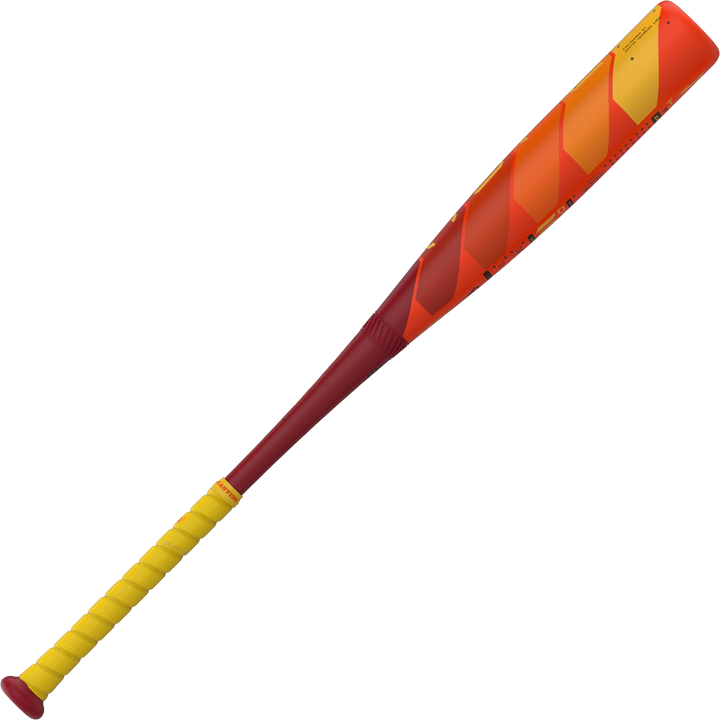 A 2025 Easton Hype Fire (-10) 2 3/4" USSSA Baseball Bat (EUT5HYP10 DEMO) by Easton, featuring a yellow grip, red handle, and an orange-red patterned barrel, displayed against a plain white background.