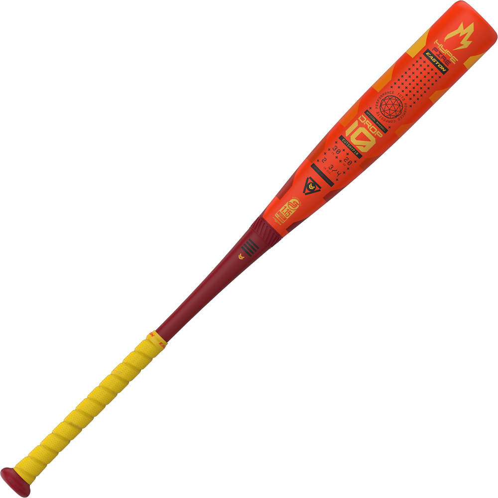 The 2025 Easton Hype Fire (-10) 2 3/4" USSSA Baseball Bat (EUT5HYP10 DEMO) features a bright red and yellow design with a yellow grip, logos, text, and a crown symbol near the end of the barrel.