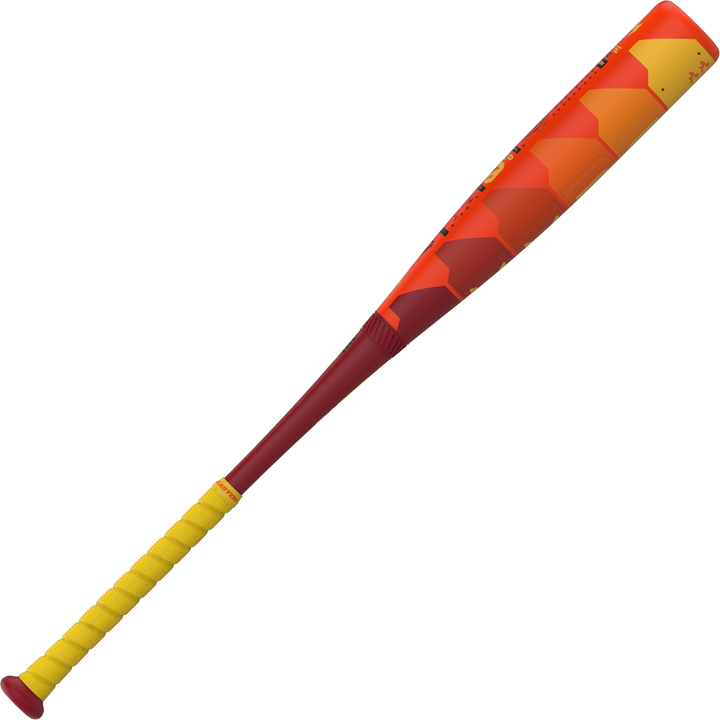 The 2025 Easton Hype Fire (-10) USSSA Baseball Bat features a yellow grip, red handle, and an orange-to-yellow hexagon-patterned barrel, plus advanced Thermo-Composite technology for top performance.