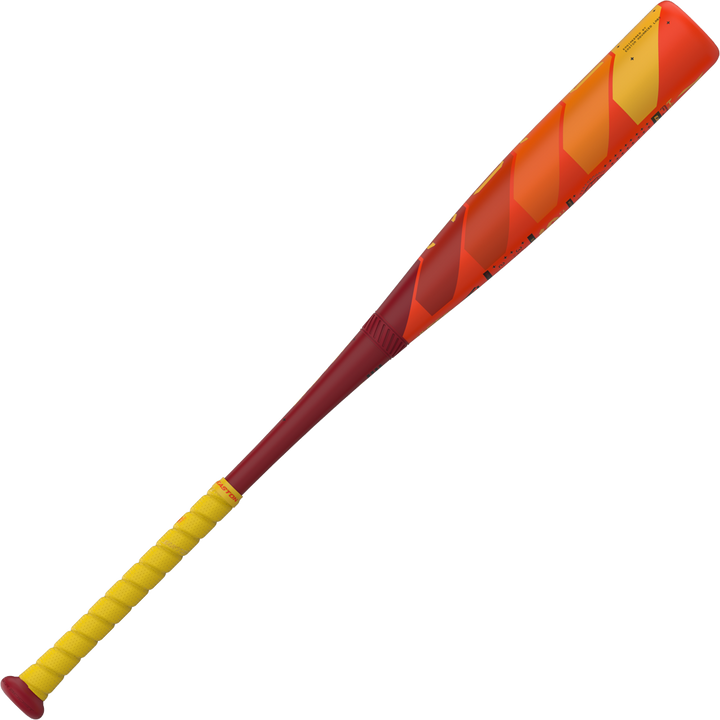 The 2025 Easton Hype Fire (-5) 2 3/4" USSSA Baseball Bat (EUT5HYP5) showcases a red-orange gradient barrel and yellow grip, highlighting advanced Thermo-Composite technology on a plain white background.