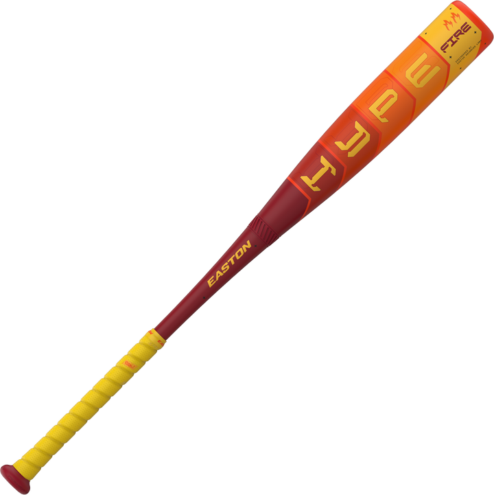 The 2025 Easton Hype Fire (-8) 2 3/4" USSSA Baseball Bat features a red and yellow design with a yellow grip, orange-red accents, bold yellow lettering, âFIREâ on the barrel, and advanced Thermo-Composite technology.