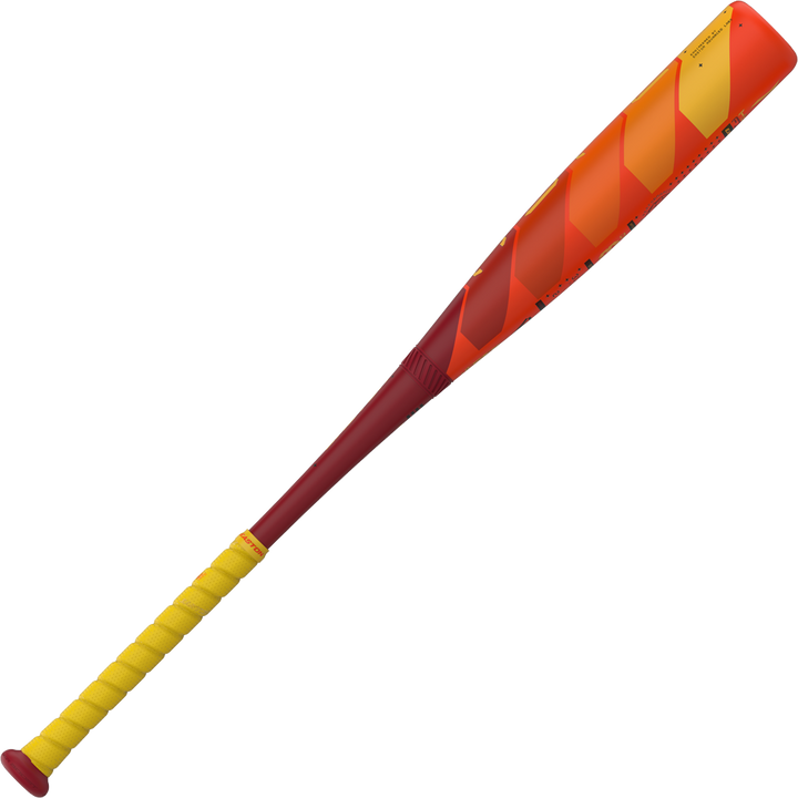 The 2025 Easton Hype Fire (-8) 2 3/4" USSSA Baseball Bat (EUT5HYP8) features a red handle with yellow grip tape and a red-and-orange geometric patterned barrel, showcased against a plain white background.
