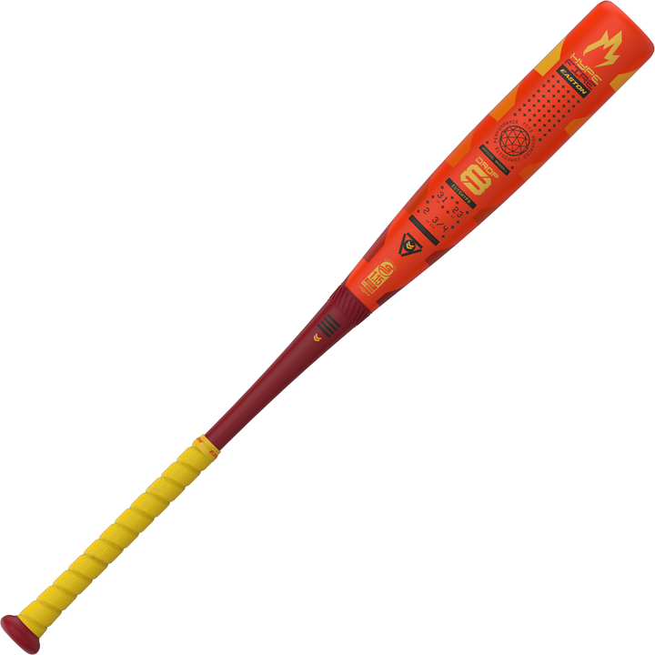 The 2025 Easton Hype Fire (-8) 2 3/4" USSSA Baseball Bat (EUT5HYP8) features a vibrant yellow handle, maroon knob, and an orange-red barrel with yellow and black graphics, plus Easton's advanced Thermo-Composite technology.
