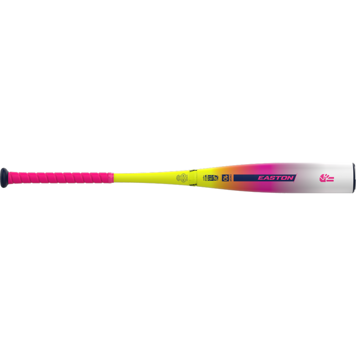 The 2026 Easton Dub (-10) USSSA Baseball Bat features a pink grip, yellow handle, gradient barrel with Easton logo and end graphic, plus a two-piece composite construction for top performance.