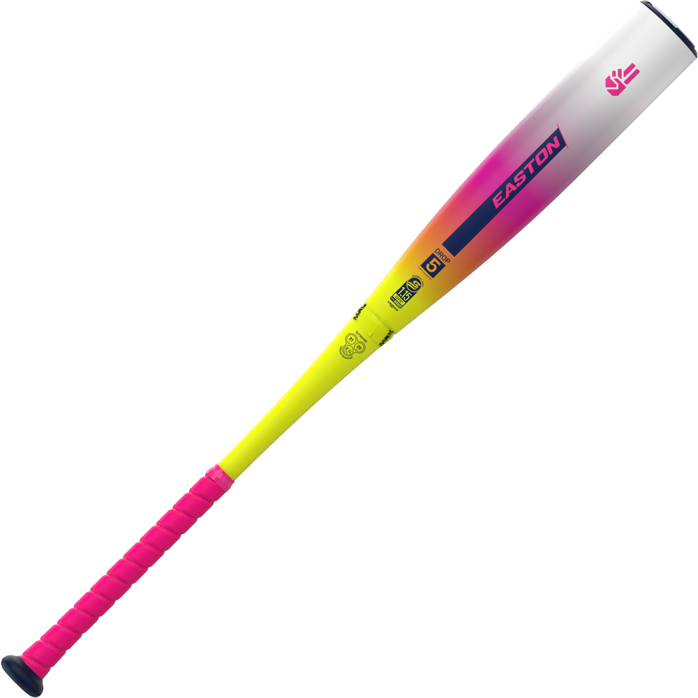The 2026 Easton Dub (-5) 2 3/4" USSSA Baseball Bat (EUT6DUB5) features a vibrant design with a pink grip, yellow lower section, and gradient white-and-pink barrel. It showcases Double Barrel technology, the Easton logo, and certification markings.