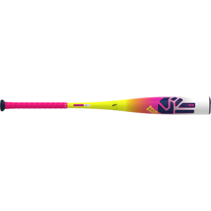 The 2026 Easton Dub (-8) 2 3/4" USSSA Baseball Bat (EUT6DUB8) features a pink grip, yellow to pink gradient barrel, bold black and pink DROP DUB graphics, modern styling, and two-piece composite construction.