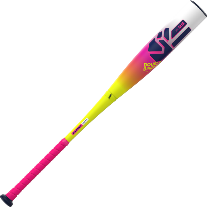 The 2026 Easton Dub (-8) 2 3/4" USSSA Baseball Bat features a pink handle, yellow midsection, and white barrel with bold pink, purple, and yellow DOUBLE BARREL graphics in a two-piece composite Double Barrel design by Easton.