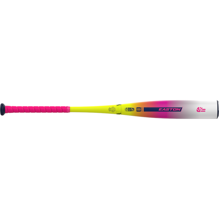 The 2026 Easton Dub (-8) 2 3/4" USSSA Baseball Bat (EUT6DUB8) features a pink grip, yellow handle, a white-to-pink/purple barrel with Easton graphics, and two-piece composite construction for top performance.