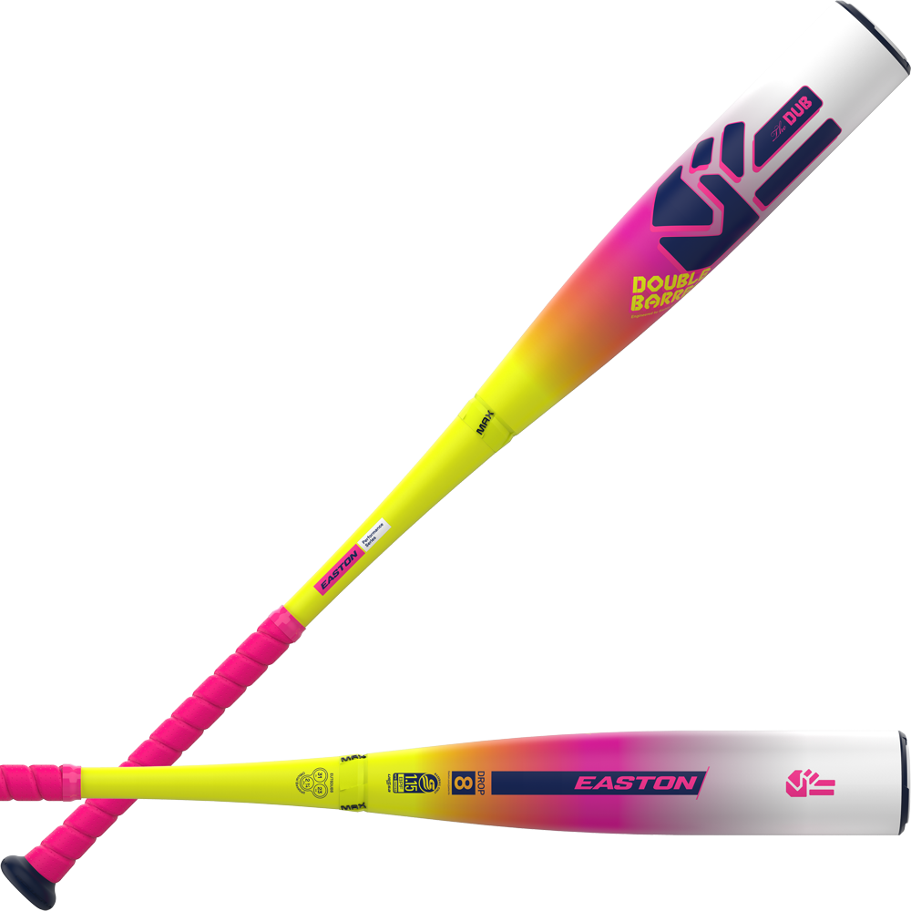 The 2026 Easton Dub (-8) 2 3/4" USSSA Baseball Bat features neon colors, pink handle, yellow-to-orange-magenta fade, purple accents, and bold EASTON branding. Its two-piece composite build uses Double Barrel tech for top performance.