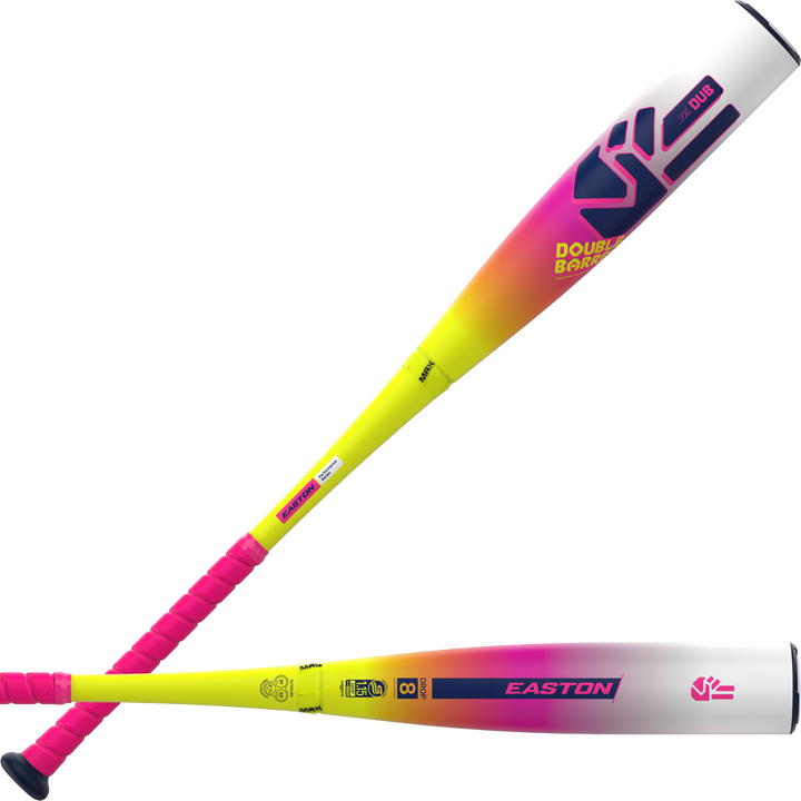 The 2026 Easton Dub (-8) 2 3/4" USSSA Baseball Bat features neon colors, pink handle, yellow-to-orange-magenta fade, purple accents, and bold EASTON branding. Its two-piece composite build uses Double Barrel tech for top performance.