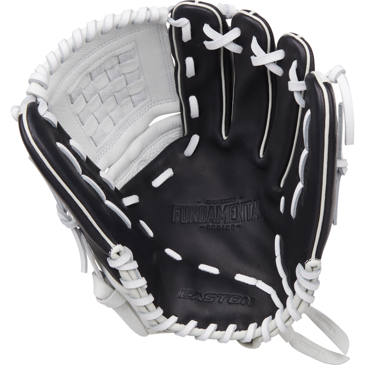 The Easton Fundamental 12" Fastpitch Softball Glove (FMFP12B) features black and white oil-tanned cowhide leather, white laces, an open palm with embossed Easton branding, webbing, and an adjustable closure system.