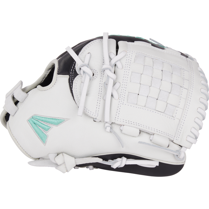 The Easton Fundamental 12" Fastpitch Softball Glove (FMFP12B) is shown in white and black with a woven pocket, white laces, adjustable closure, and a teal Easton logo on the side against a plain white background.