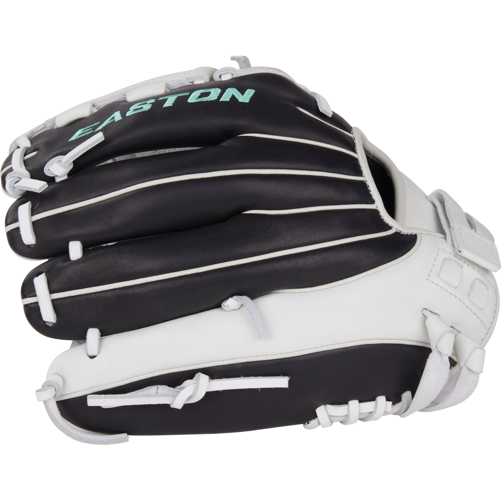The Easton Fundamental 12" Fastpitch Softball Glove: FMFP12B features a black and white oil-tanned cowhide leather design with white laces and visible stitching, displayed closed from a side angle.