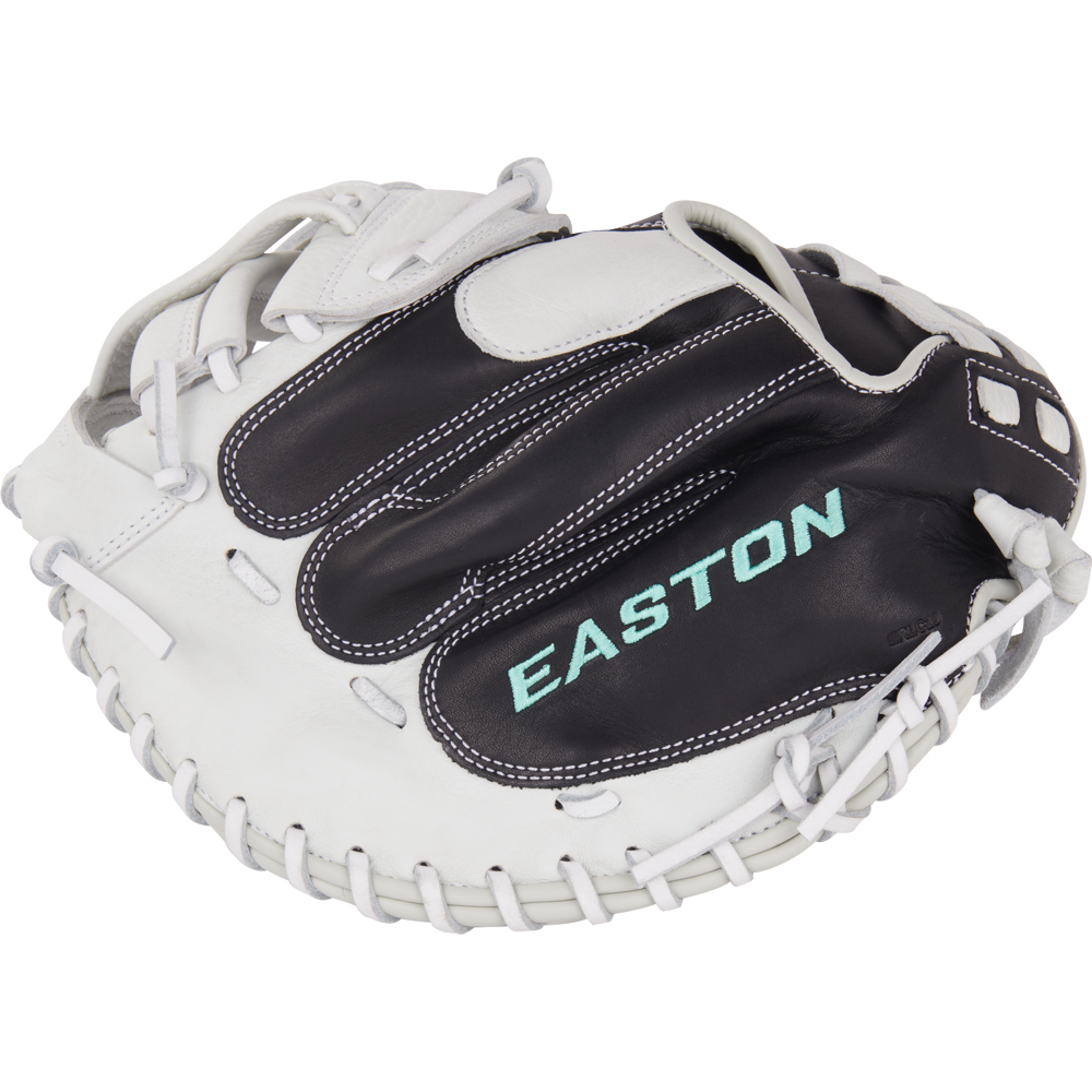 The Easton Fundamental 33" Fastpitch Catcher's Mitt (FMFP233B) features a black and white design with visible white stitching and "EASTON" printed in light blue on the palm—ideal for fastpitch catchers.