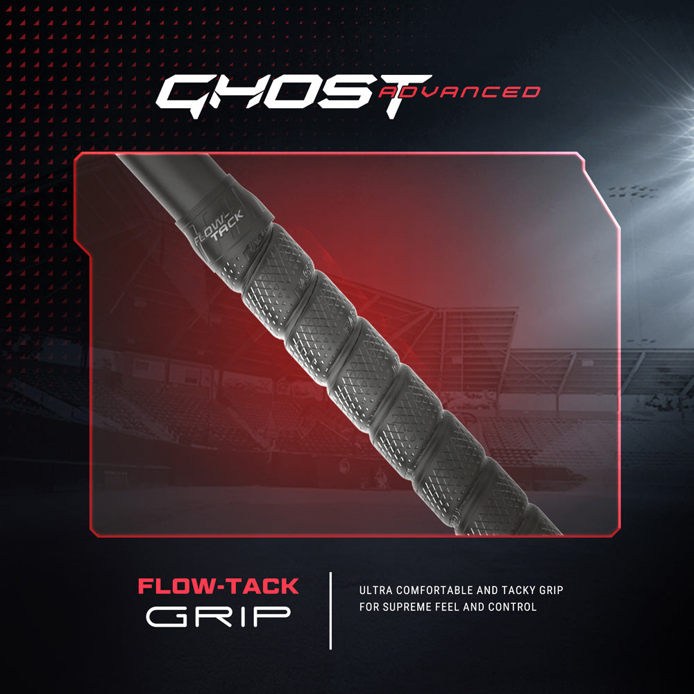 Close-up of the textured black FLOW-TACK GRIP, labeled "ultra comfortable and tacky grip for supreme feel and control," featured on the 2024 Easton Ghost Advanced (-11) Fastpitch Softball Bat: EFP4GHAD11, against a blurred stadium.