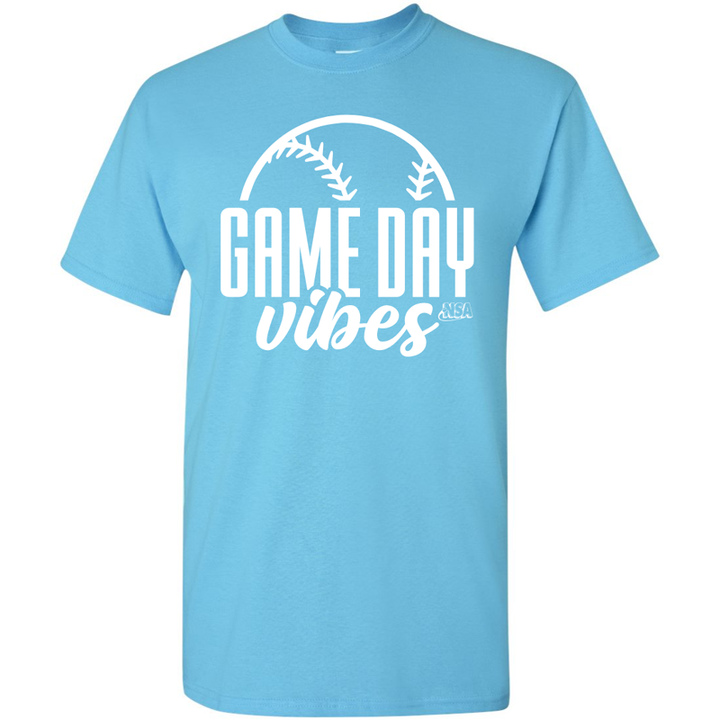 The DSG Apparel National Softball Association NSA Game Day Vibes Short Sleeve Shirt is a light blue classic fit, featuring a white baseball graphic and "GAME DAY vibes" printed on the front.