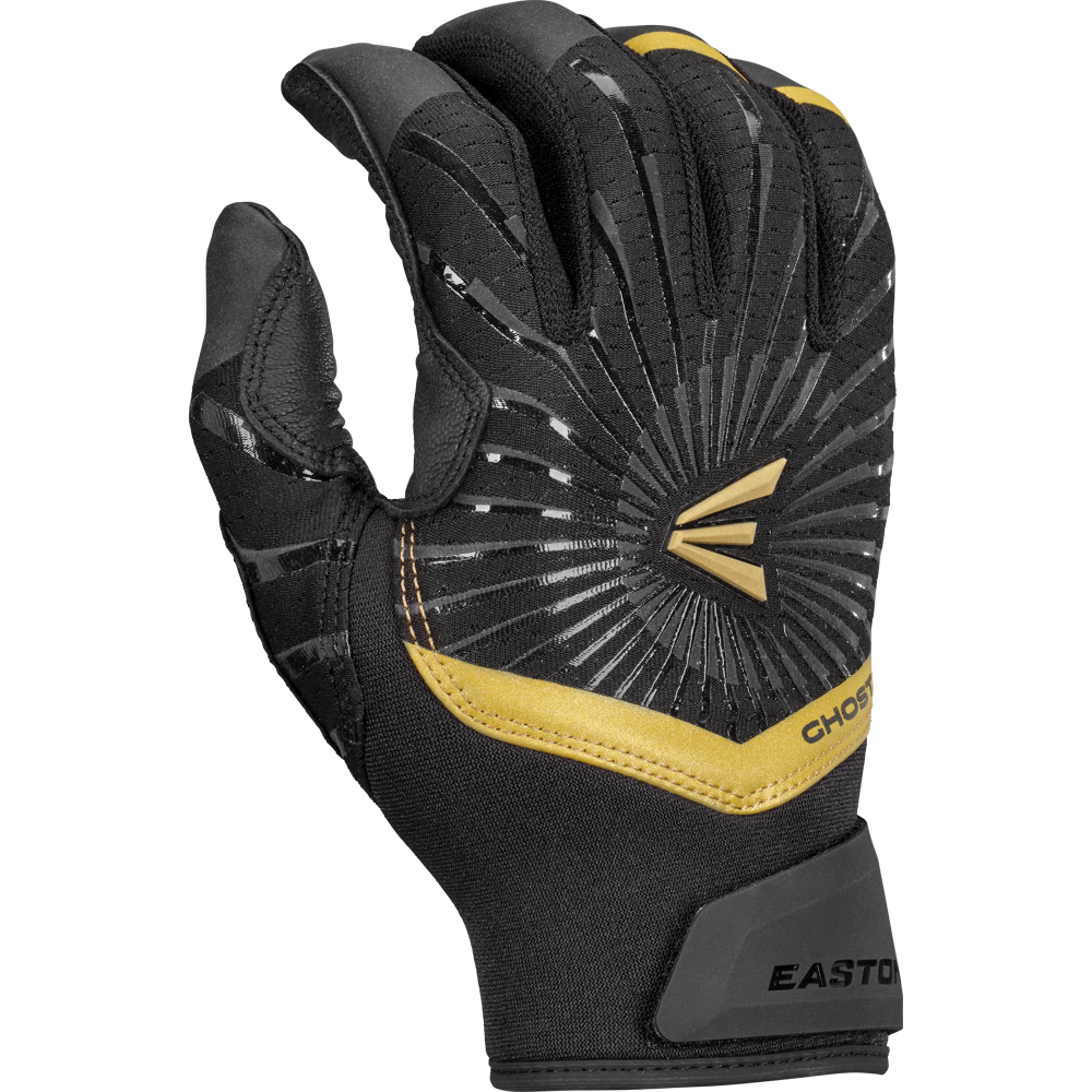 The Easton Ghost Ethos Fastpitch Batting Gloves (GH26FPBG) in black and gold feature a sunburst design, textured grip, reinforced knuckles, Velcro wrist strap, female-specific sizing, and the Easton logo on the backhand.