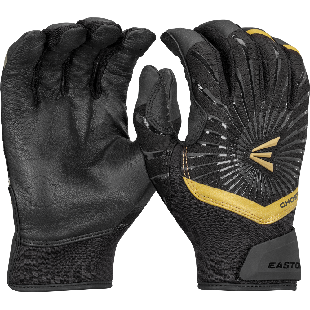 A pair of Easton Ghost Ethos Fastpitch Batting Gloves (GH26FPBG) in black with gold accents, textured palms, female-specific sizing, a wrist strap, and the Easton logo on the back. One glove shows the palm; the other displays sizing details.