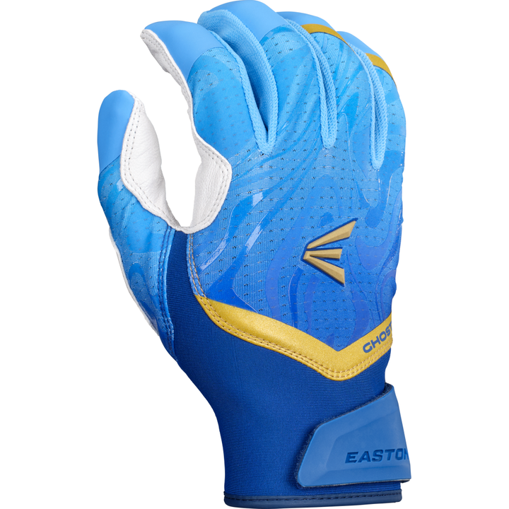 The Easton Ghost Ethos Fastpitch Batting Glove (GH26FPBG) by Easton is blue and white with gold accents, a raised back logo, and female-specific sizing. Designed for the left hand and shown on a white background.