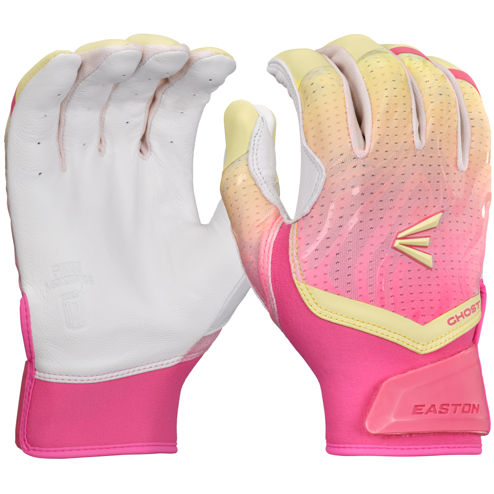 A pair of pink, white, and yellow Easton Ghost Ethos Limited Edition Fastpitch Batting Gloves (GH26FPBG), one palm up and one back shown, featuring perforated detailing and the Easton logo.