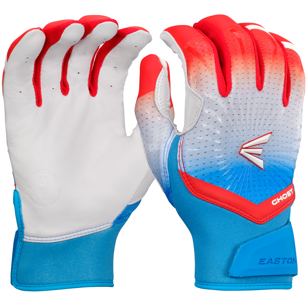 Easton Ghost Ethos Limited Edition Fastpitch Batting Gloves (GH26FPBG) by Easton feature red and blue accents, designed specifically for fastpitch softball.