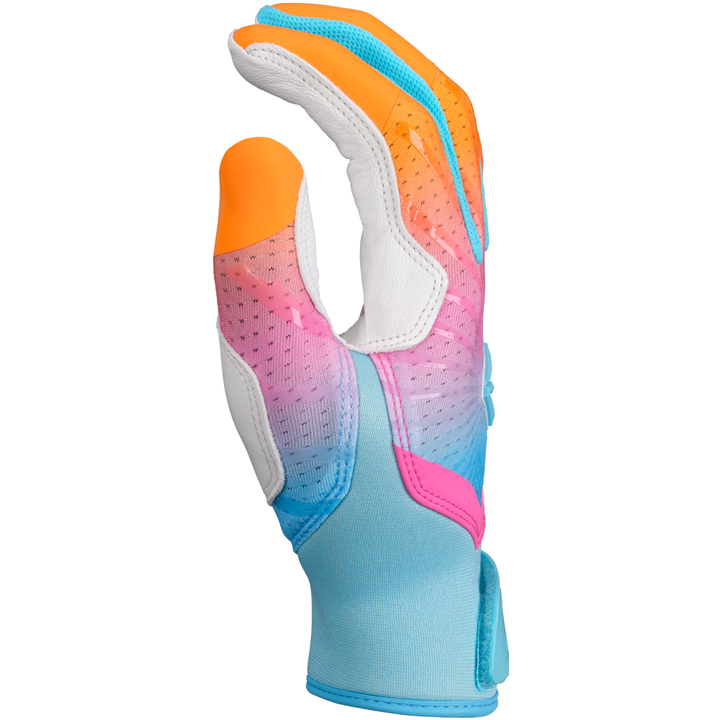 The Easton Ghost Ethos Limited Edition Fastpitch Batting Glove (GH26FPBG) features vibrant orange, blue, pink, and white colors, perforated material, and a secure wrist strapβdesigned by Easton for fastpitch softball athletes.