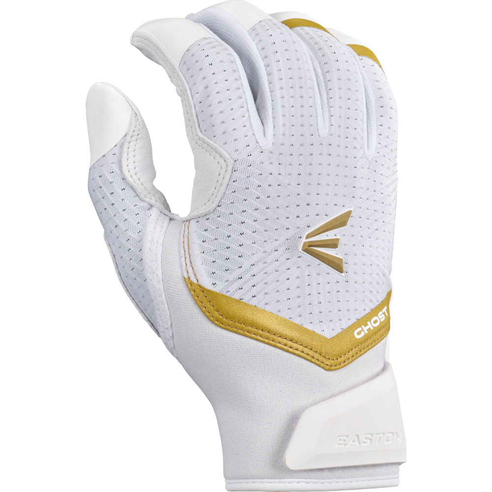 The Easton Ghost Ethos Fastpitch Batting Gloves (GH26FPBG) by Easton feature white and gold colors, perforated fabric, gold accents, "GHOST" on the wrist, and female-specific sizing.