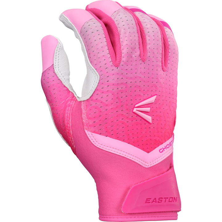 The Easton Ghost Ethos Fastpitch Batting Gloves (GH26FPBG) feature a pink and white design, textured palm, ventilation holes, and Easton logo on the back. Designed for women, with GHOST and EASTON text near the wrist.