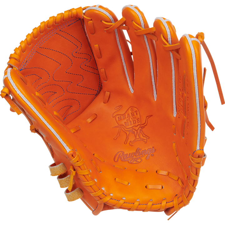The Rawlings Heart of the Hide 11.75" Japan Series Baseball Glove (GH3FHPA15W) features orange leather, tan laces, visible stitching, and showcases the gold-embossed Heart of the Hide logo and Rawlings branding on its open palm.