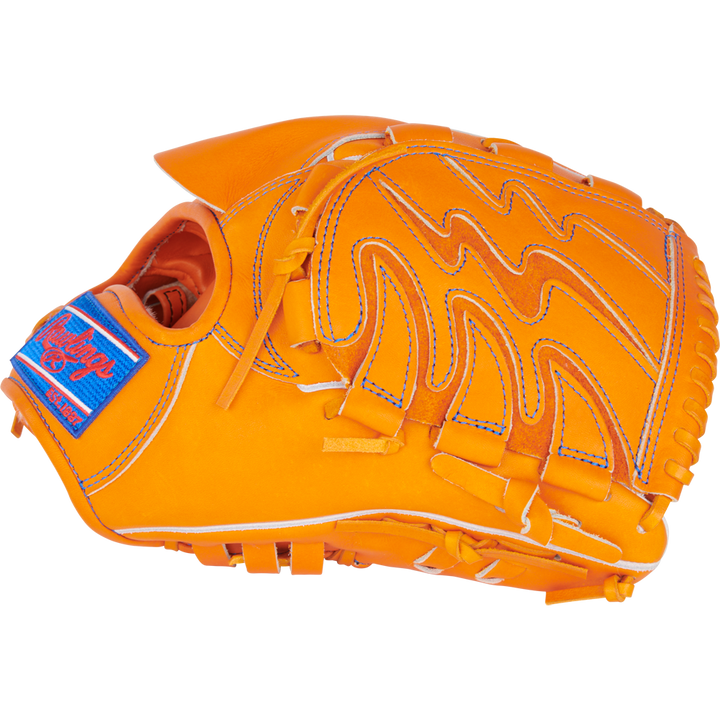 The Rawlings Heart of the Hide 11.75" Japan Series Baseball Glove (GH3FHPA15W) features bright orange premium U.S. Steerhide leather, yellow stitching, and a blue Rawlings logo patch, shown on a plain white background.