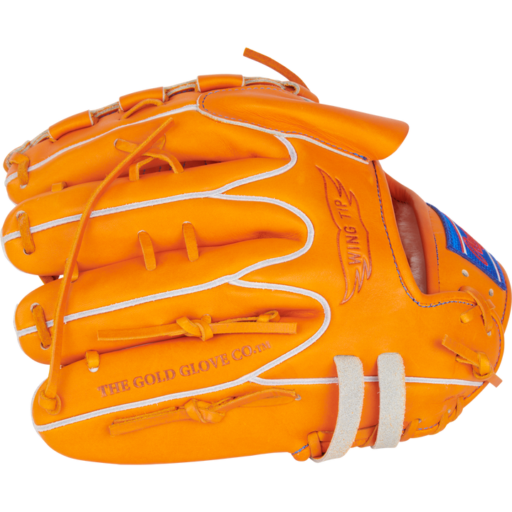 The Rawlings Heart of the Hide 11.75" Japan Series Baseball Glove (GH3FHPA15W) is orange with white laces, brown stitching, and embossed logos. Made from premium U.S. Steerhide leather, it's shown closed against a white background.