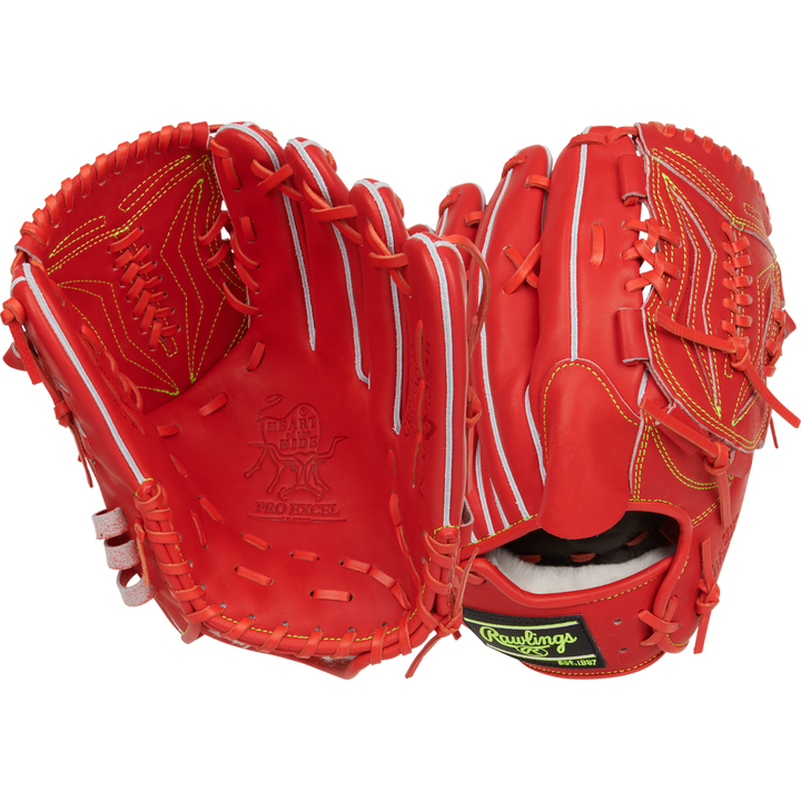 Two Rawlings Heart of the Hide 11.75" Japan Series gloves (GR3HEA15MG) are displayed front and back, featuring bright red leather, yellow stitching, and white laces, set against a plain white background.