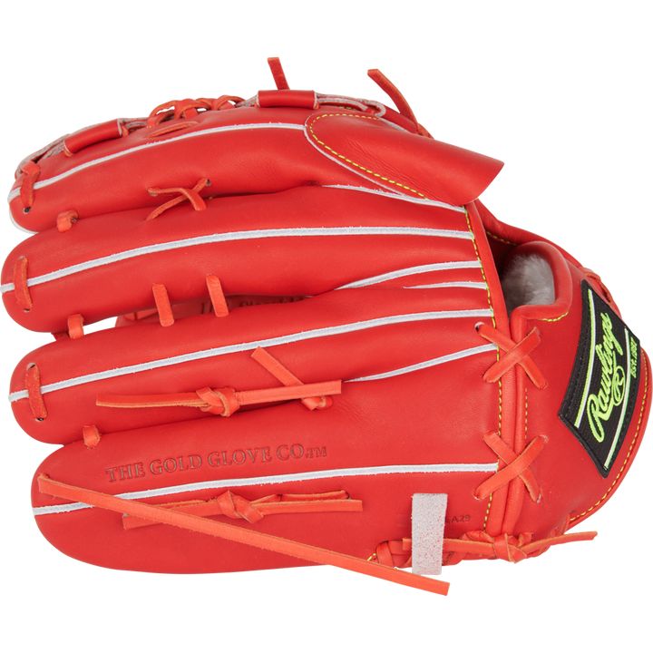 A red Rawlings Heart of the Hide 11.75" Japan Series baseball glove (GR3HEA15MG) with white stitching, laces, The Gold Glove Co. embossed on the side, and a black-and-yellow Rawlings logo patch near the wrist.