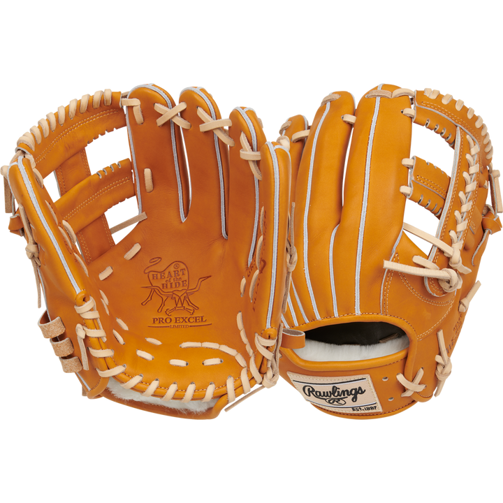 A pair of tan Rawlings Heart of the Hide 11.5" Japan Series baseball gloves (GR3HECK4MG) with white laces, shown from palm and back sides, featuring premium Steerhide leather and a patch on the wrist strap.