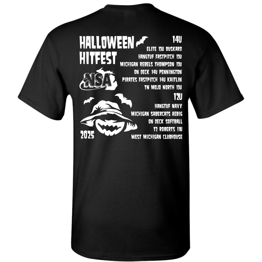 The DSG Apparel 2025 NSA Halloween Hitfest Fastpitch Tournament T-Shirt features white team lists, age groups, a jack-o-lantern, bats, and the NSA logo—perfect for showing your spirit at the big event!.
