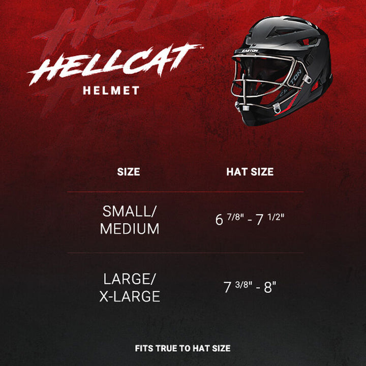 A sizing chart for the Easton Hellcat Stars & Stripes Slowpitch Fielding Helmet (EPR05) from Easton shows a black helmet: Small/Medium fits hat sizes 6 7/8â7 1/2, Large/X-Large fits 7 3/8â8. Text: âFits true to hat sizeâ on a red and black background.