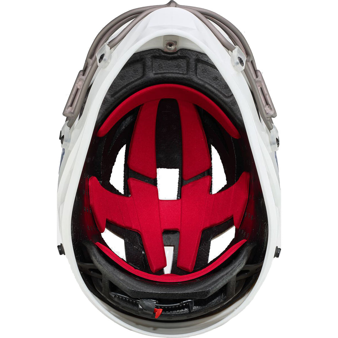 Inside view of the Easton Hellcat Stars & Stripes Slowpitch Fielding Helmet: EPR05 by Easton, featuring black foam padding, a bright red interior, and adjustable strapsâideal as a protective helmet for slowpitch fielders.