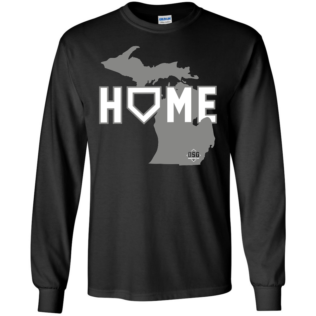 The DSG Apparel Home (Michigan) T-Shirt (DSG-HOME-MI) is a black long-sleeve cotton tee featuring a gray Michigan peninsula outline and "HOME" across the chest, with the "O" as home plate. Classic fit by DSG Apparel for comfort.