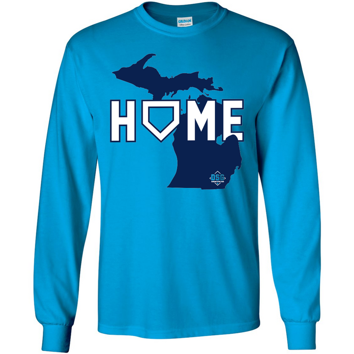The DSG Apparel Home (Michigan) T-Shirt by DSG Apparel is a bright blue, classic fit long-sleeve shirt featuring Michiganโs Peninsulas and "HOME" above, with the "O" shaped like a home plate. Product code: DSG-HOME-MI.