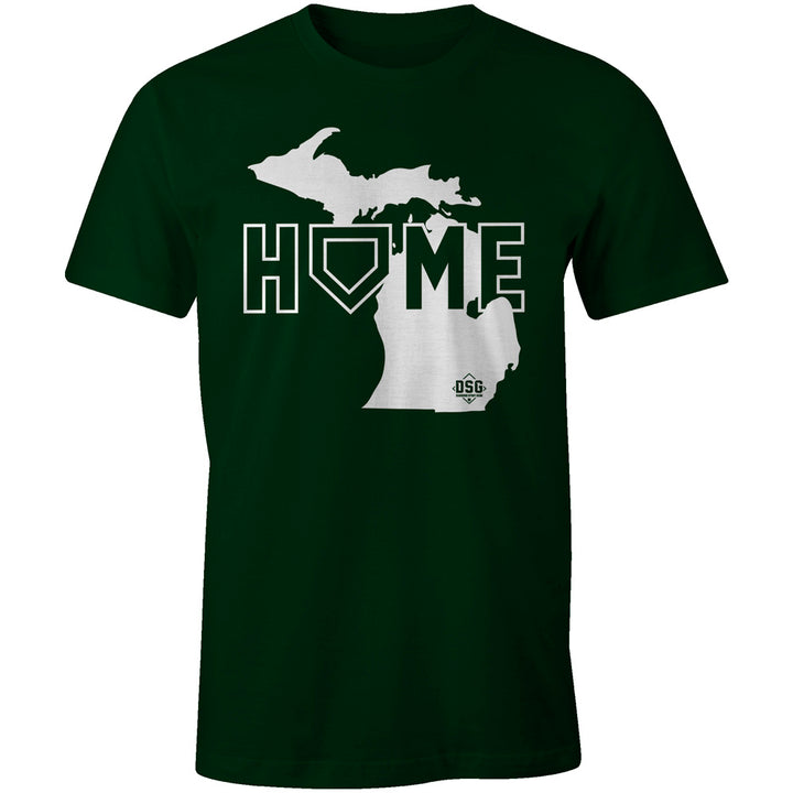 The DSG Apparel Home (Michigan) T-Shirt (DSG-HOME-MI) by DSG Apparel features a dark green classic fit with โHOMEโ in white, the O replaced by a home plate symbol inside an outline of Michigan. Made from soft, moisture-wicking cotton.