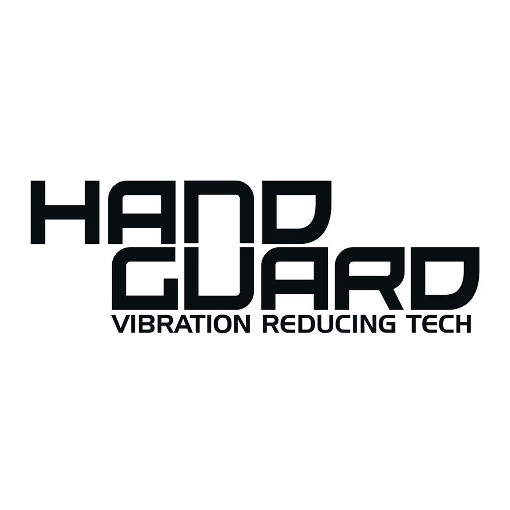 A black text logo on a white background reads HAND GUARD with VIBRATION REDUCING TECHNOLOGY in smaller text below, ideal for the 2024 Stinger Missile S (-3) BBCOR Baseball Bat by Stinger Sports for balanced swing weight and less hand sting.