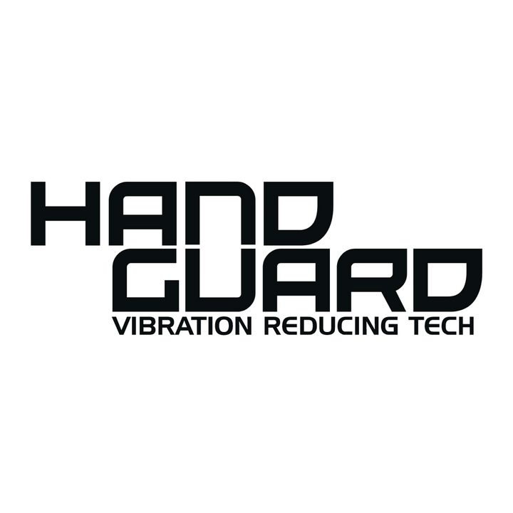 A black text logo on a white background reads HAND GUARD with VIBRATION REDUCING TECHNOLOGY in smaller text below, ideal for the 2024 Stinger Missile S (-3) BBCOR Baseball Bat by Stinger Sports for balanced swing weight and less hand sting.