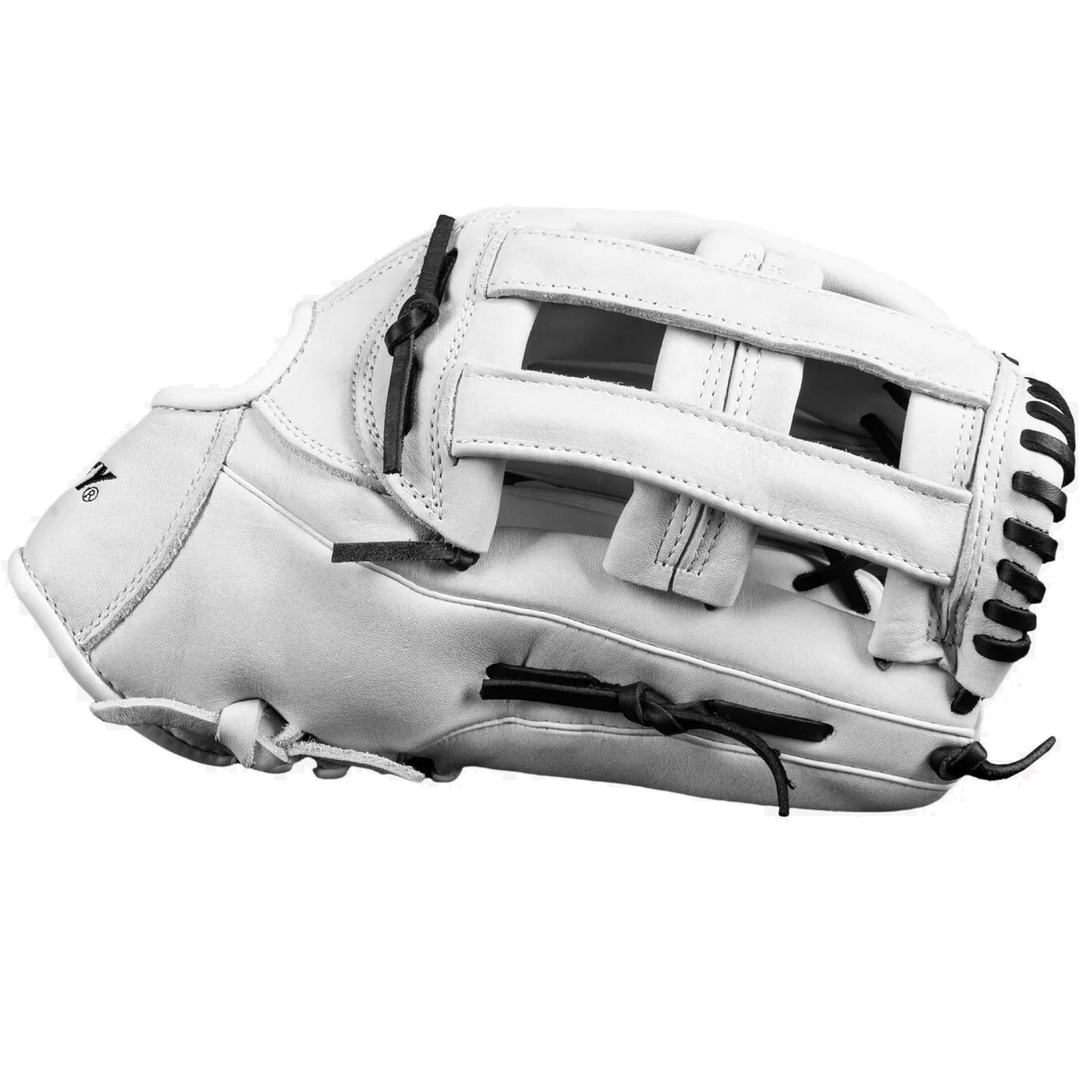 The Dudley 14" Slowpitch Glove: DFG14H by Dudley is a white leather glove with black stitching and laces, displayed side view against a plain white background.