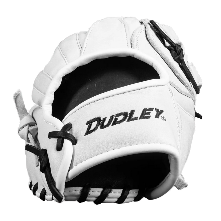 The Dudley 13" Slowpitch Glove (DFG13H) by Dudley is shown palm-side up, featuring a white design with black stitching on a plain white background.