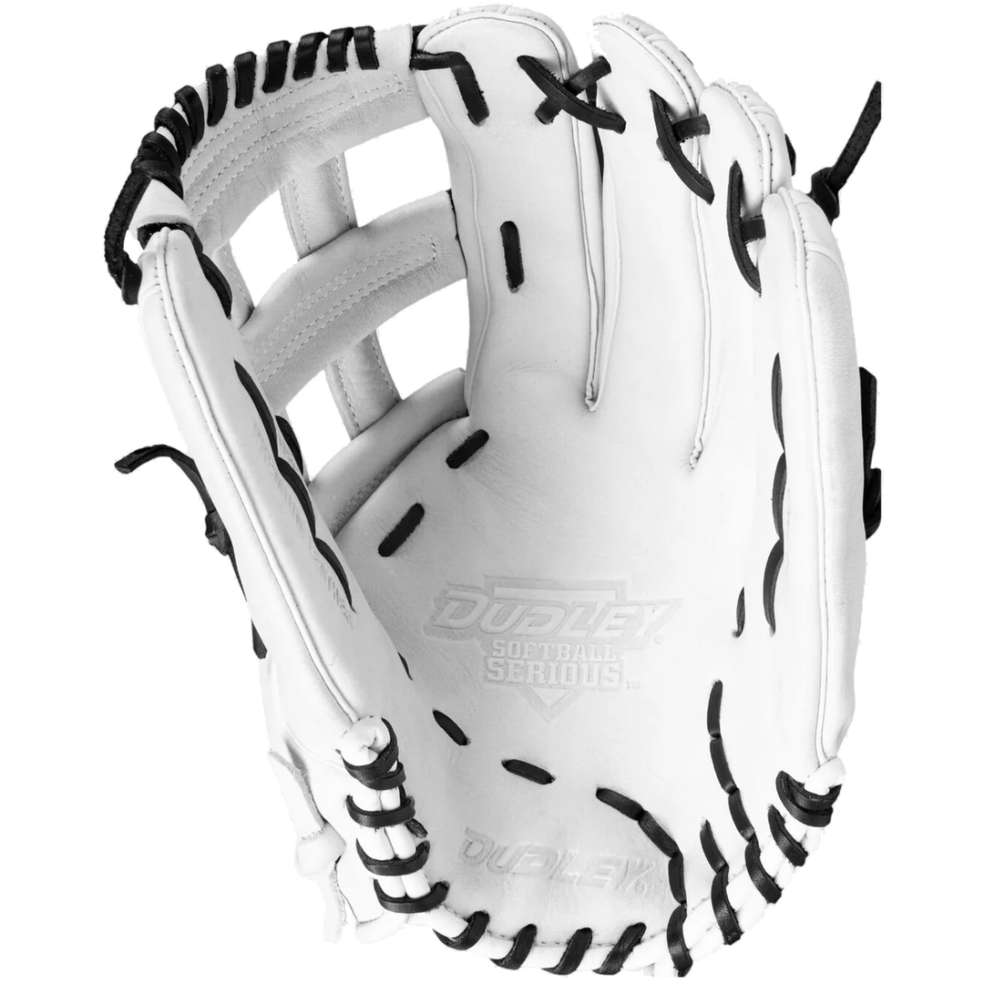 The Dudley 13" Slowpitch Glove: DFG13H, a white leather glove with black laces, is shown open to display its palm and finger slots against a plain white background.